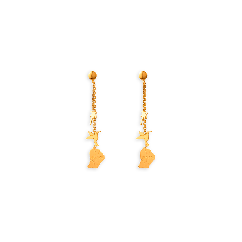 Boucles D'oreilles Carte Guyane  Palmier Colibri  Pendant 38mm Or750 - Boucles d'oreilles | Créolissime