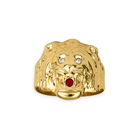 Chevalière Or750 Tête De Lion Cristal Blanc Rouge - Bagues | Créolissime