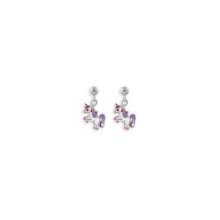 Boucles D'oreilles Licorne Ag925 8*11.5mm Pend 16.5mm Email Blc Violet Rose Rge Noir - Boucles d'oreilles | Créolissime