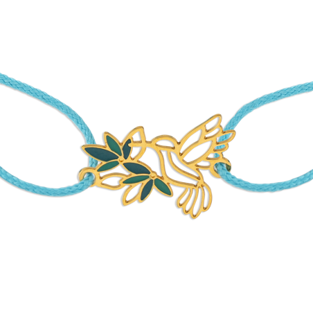Bracelet Colibri Fleur Or375 Email Vert Cordon Bleu  - Bracelets | Créolissime
